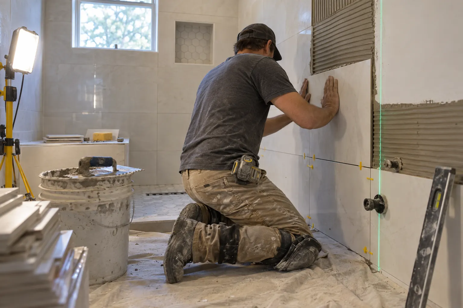 Carreleur posant une grande tuile murale sur un chantier propre et protégé