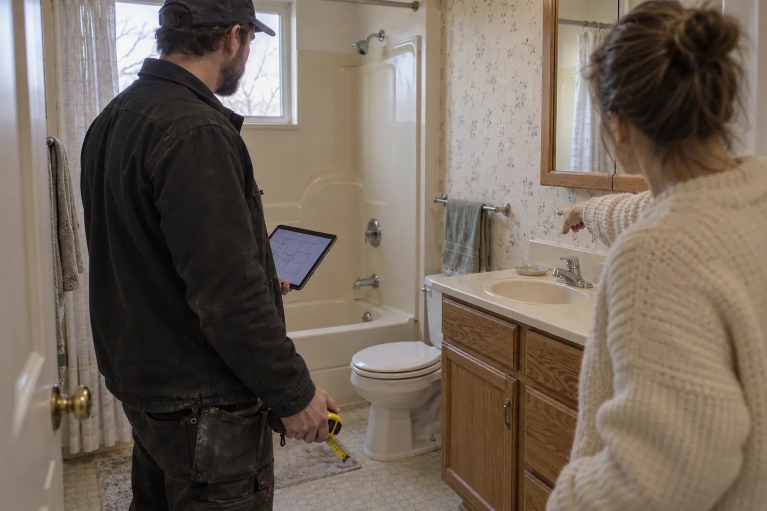 Entrepreneur avec une tablette et un ruban à mesurer examinant une salle de bain datée avec la propriétaire