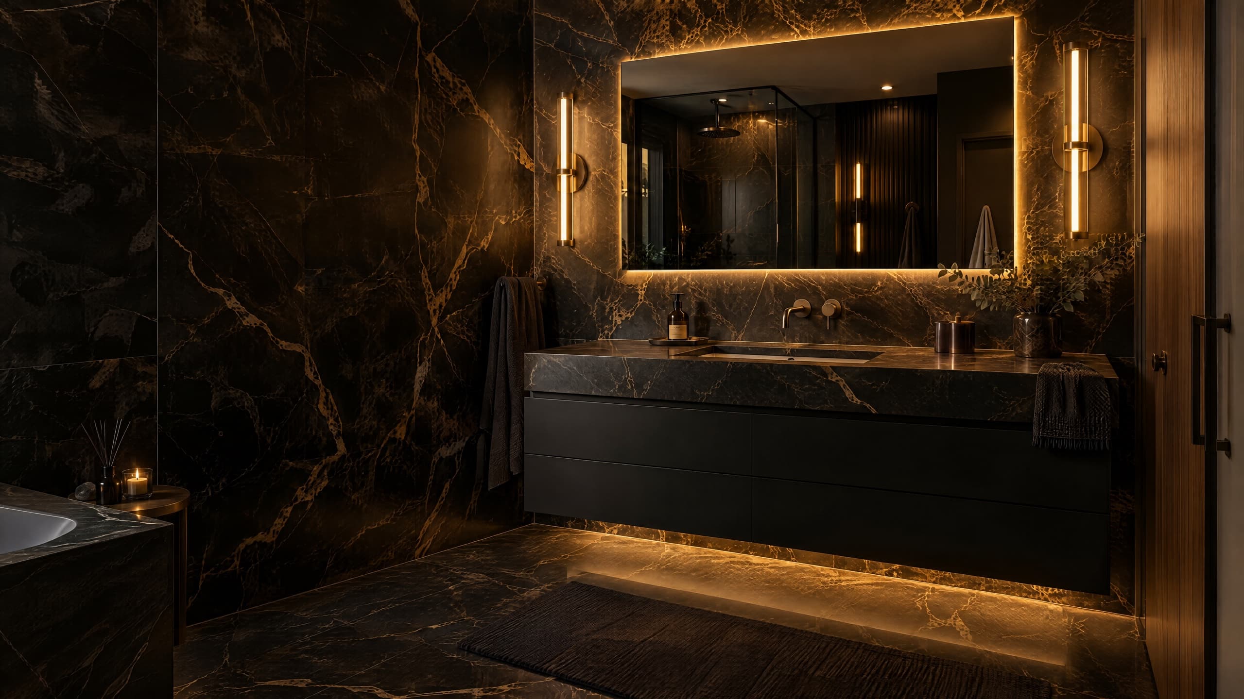 Salle de bain en marbre noir avec meuble-lavabo suspendu et miroir rétroéclairé