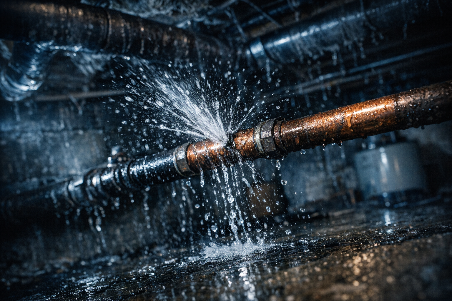 Réparation de tuyau éclaté à Montréal — eau qui jaillit d'un tuyau de cuivre dans un sous-sol sombre